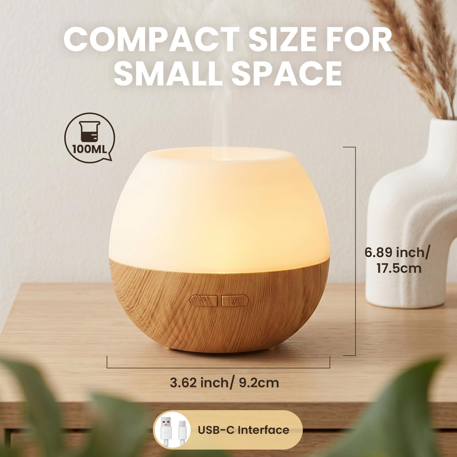 AESHORY 100ml Aroma Diffuser, Ultraschall Luftbefeuchter Aromatherapie Diffuser für Ätherische Öle, 7 Farbigem LED Licht, 2 Nebelmodi