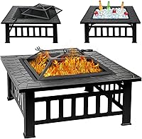 Quilushey 32 Inch Square Fire Pit Table with Poker & Spark Screen - 3-in-1 Metal Outdoor Firepit for Patio, Backyard, Camping