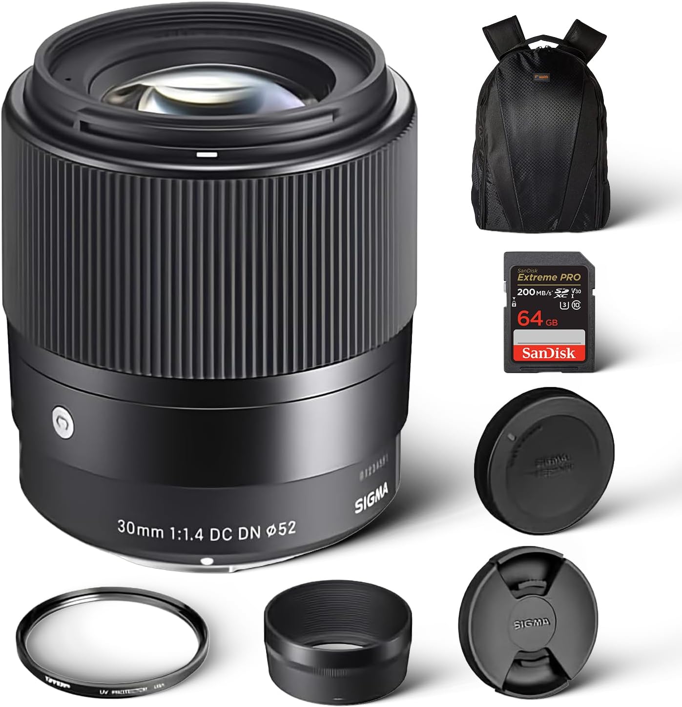 Sigma 30mm f/1.4 DC DN Contemporary Lens for Sony E | Mount Lens/APS-C Format, Rounded 9-Blade Diaphragm, Tiffen 52mm UV Protector Filter, 64GB Extreme Pro UHS-I Memory Card, and Camera Bag