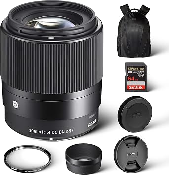 Sigma 30mm f/1.4 DC DN Contemporary Lens for Sony E | Mount Lens/APS-C Format, Rounded 9-Blade Diaphragm, Tiffen 52mm UV Protector, 64GB Extreme PRO Memory Card, and Waith Camera Bag