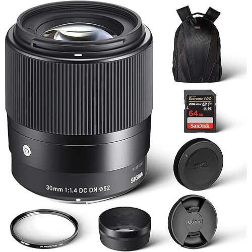 Sigma 30mm f/1.4 DC DN Contemporary Lens for Sony E | Mount Lens/APS-C Format, Rounded 9-Blade Diaphragm, Tiffen 52mm UV Protector Filter, 64GB Extreme Pro UHS-I Memory Card, and Camera Bag