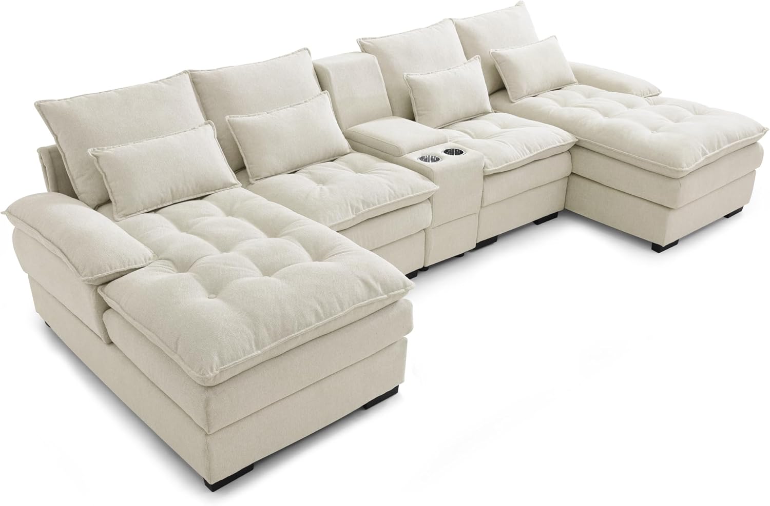 130" U-Shaped Sectional Sofa with Storage Console & Cup Holders, Upholstered 6 Seat Living Room Sleeper Couch Furniture Set w/Chaise, Cloud Cushion Couch for Home, Office, Apartment,Beige