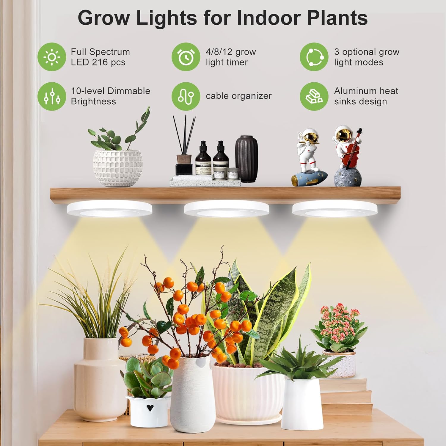 Full Spectrum Grow Light for Indoor Plants, 216 LEDs Halo Plant Light with Auto On/Off Timer (4/8/12H), 10-Level Brightness, 3 Lighting Modes, for Small Plants & Seedlings (White, Tri Head)