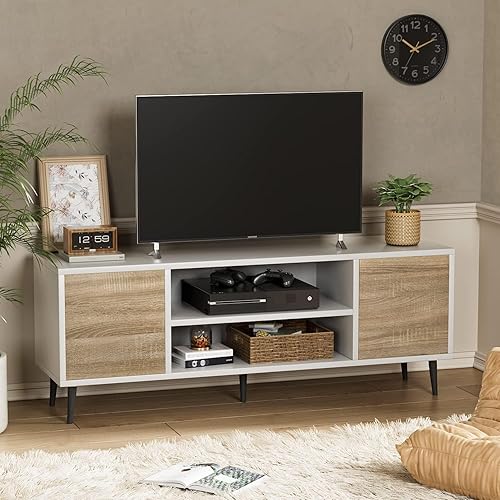 YESHOMY Modern TV Stand for 65" Television, Entertainment Center with Two Storage Cabinets and Open Shelves, Retro Style Media Console for Living Room, Bedroom, Office, 58 Inch, White and Beige