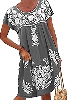 Melliflo Women's Short Sleeve Floral Embroidered Mexican Peasant Dress Loose Linen Fiesta Boho Dress