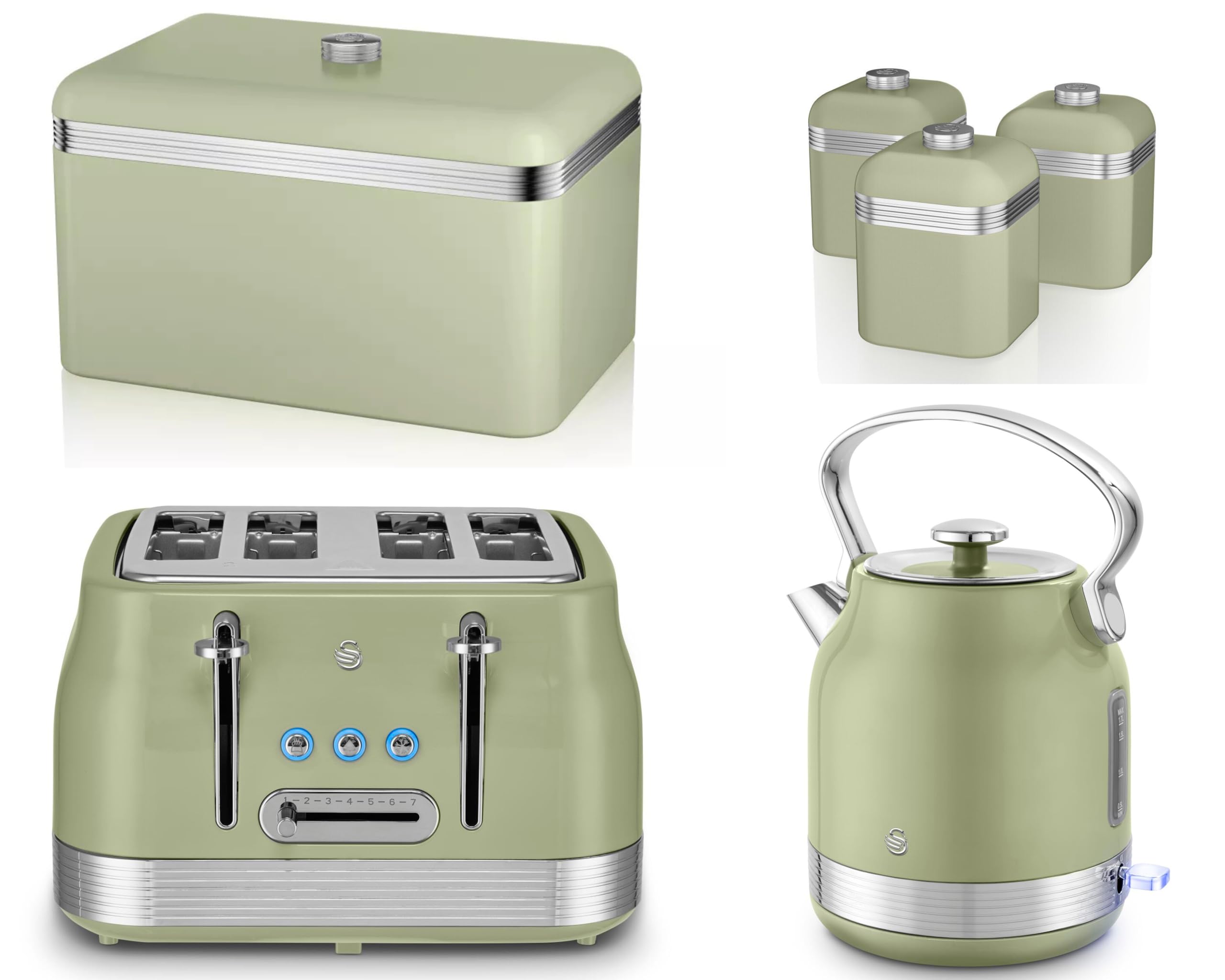 Swan Retro Revive Green Kitchen Set – Traditional Stovetop Inspired Design 1.7L 3KW Kettle, 4 Slice Toaster, Breadbin & Canisters. Matching Set in Vintage Green with Chrome Accents