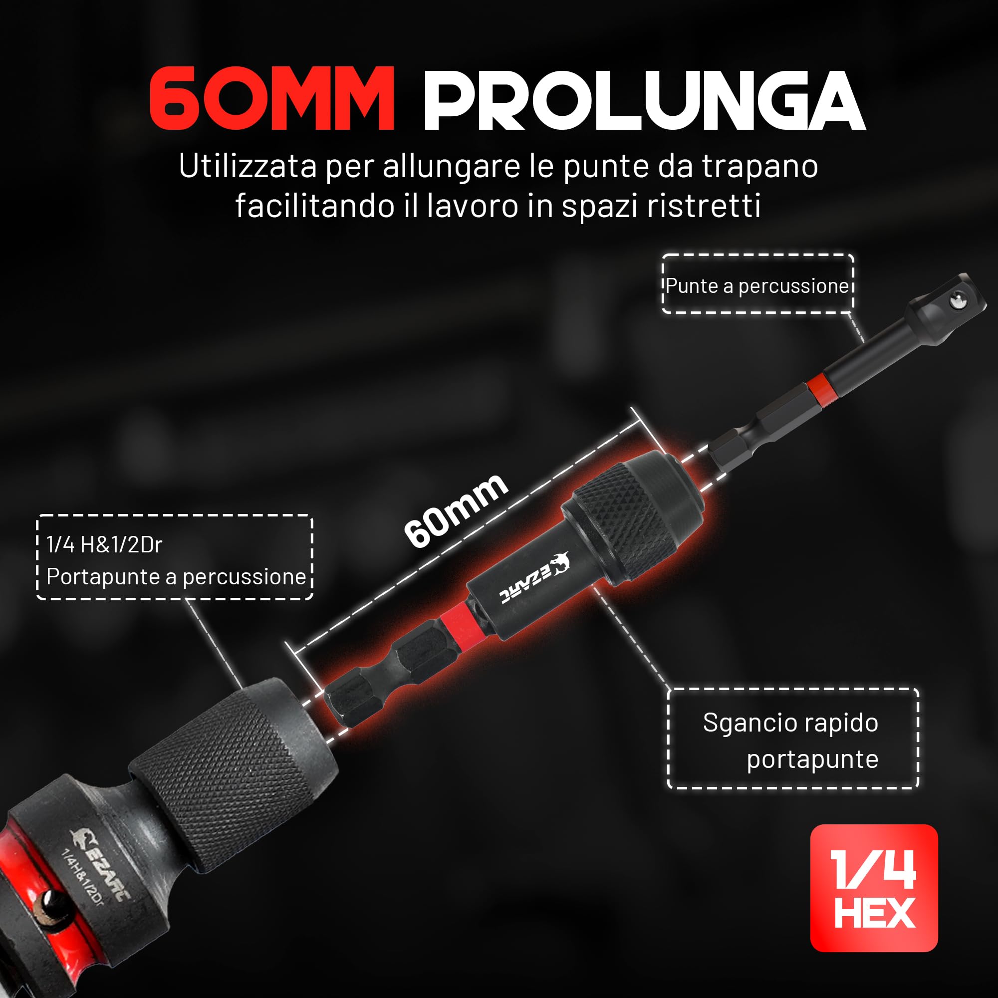 EZARC Set di 21 adattatori per bussole a percussione, include set di bussole girevoli universali CR-MO, accoppiatori a percussione CR-MO, riduttori CR-V, punte di estensione esagonali CR-V, chiavi a