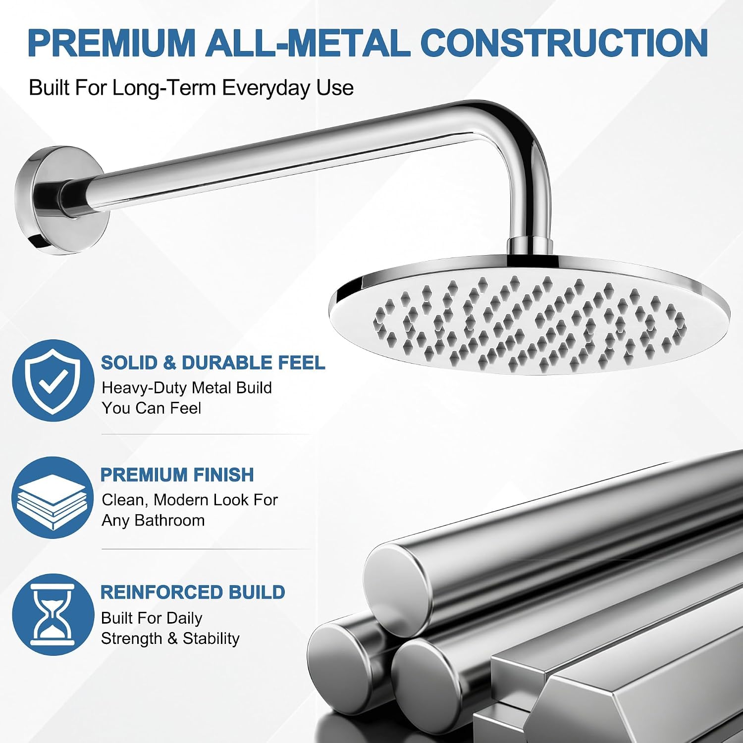BRIGHT SHOWERS All Metal Rain Shower Head, 8 Inch SUS 304 Stainless Steel Fixed Rainfall Showerhead with Anti-Clog Nozzles, Modern Bathroom Wall or Ceiling Mount Replacement, Luxury Spa, Chrome image 3
