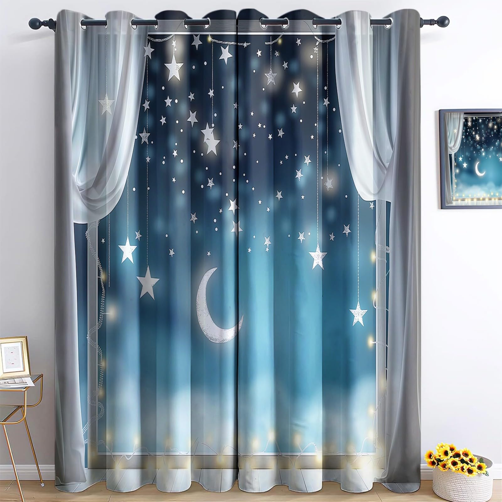 Rideau occultant 3D lune étoiles 140x245 cm au tombé fluide et élégant
