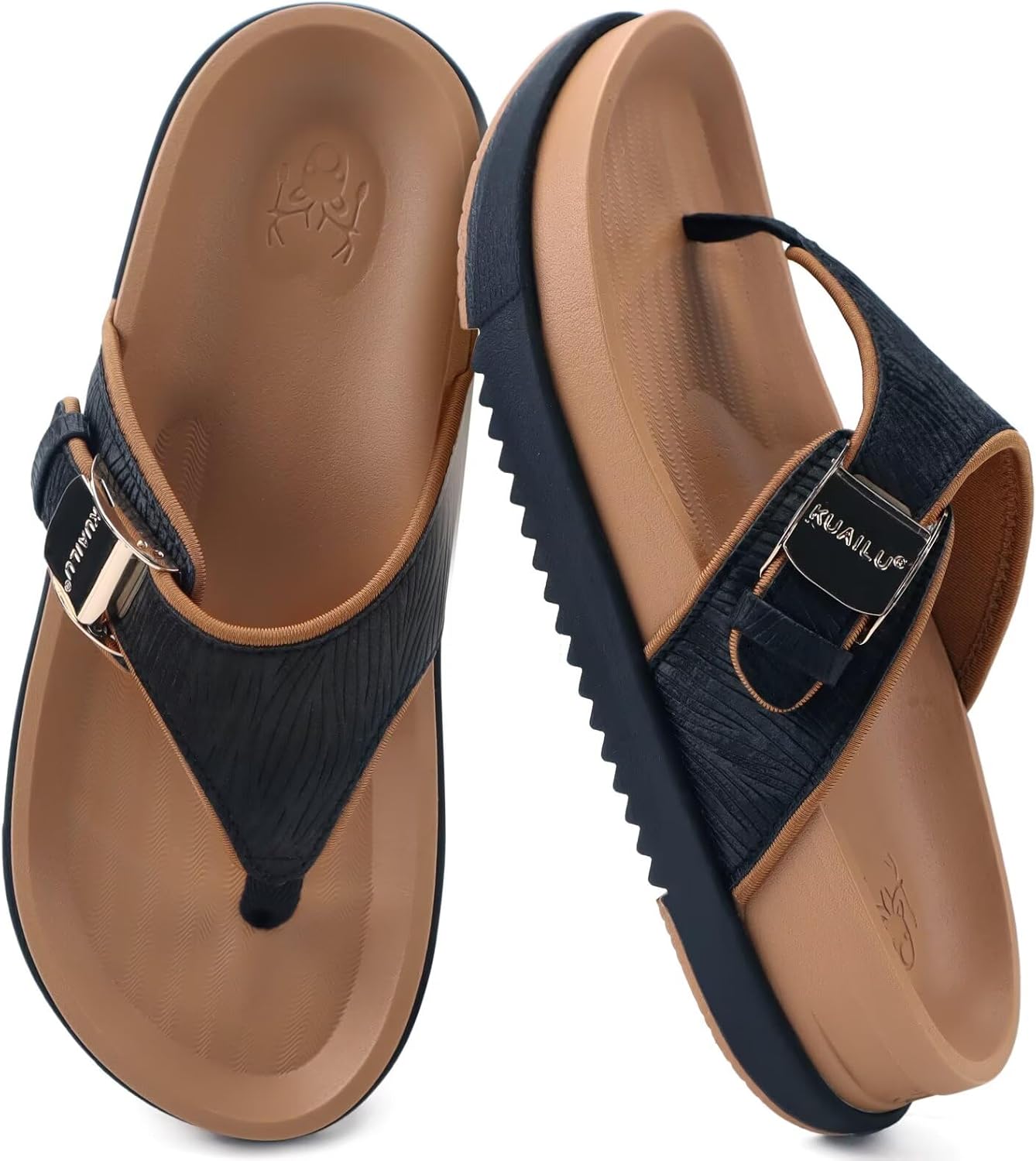 KuaiLu Flip Flops for Womens Orthotic Chic Platform Sandals with Arch Support, Ultra Comfotable Summer Beach Walking Plantar Fasciitis Cushion Sandals Ladies Open toe Adjustable Flat Sandles
