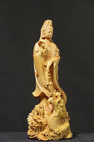 Miniatura 4 de Estatua de Quan Yin de pie en dragón, Kwan Yin Misericordia Diosa china Feng Shui escultura tallada a mano boj femenino Buda Budista Decoración