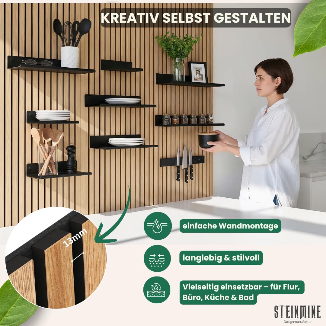 Steinmine - Designmanufaktur Wandregal Metall schwarz matt – Metallverschraubung - kein Bohren – Zubehör für Akustikpaneele (44cm x 13cm)