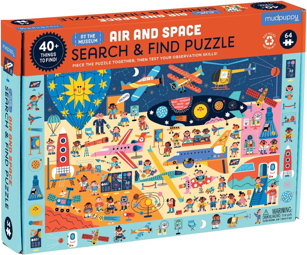 Mudpuppy Air and Space Museum — 64 Piece Search & Find Puzzle Jigsaw Puzzle Featuring A Variety of Aviation and Space Artifacts and Over 40 Hidden Images to Find for Ages 4+