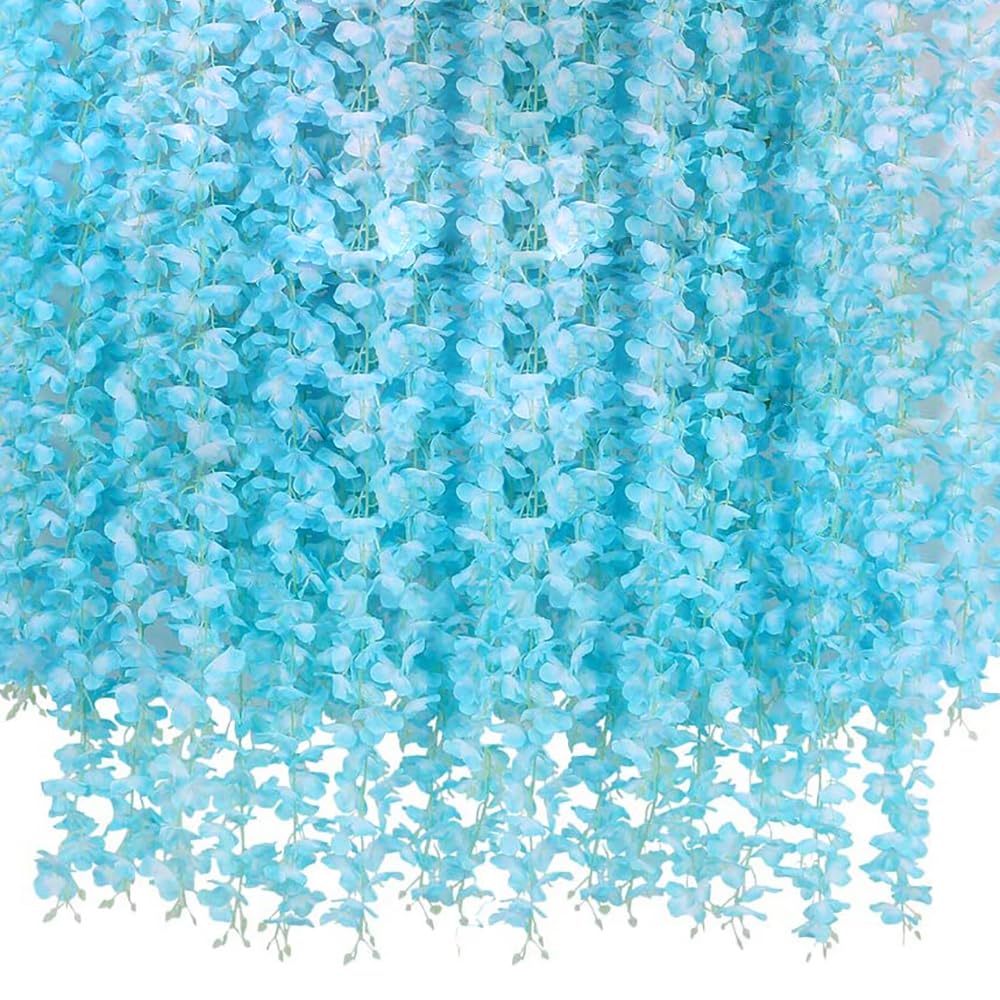 NEOONES 20 Vines of Wisteria Flower Garland, No Green Leaves Artificial Flower Strings, Fake Hanging Flowers, Silk Wisteria Garland, Flower Vine for Wedding, Garden Decoration (Blue - 20 Vines)