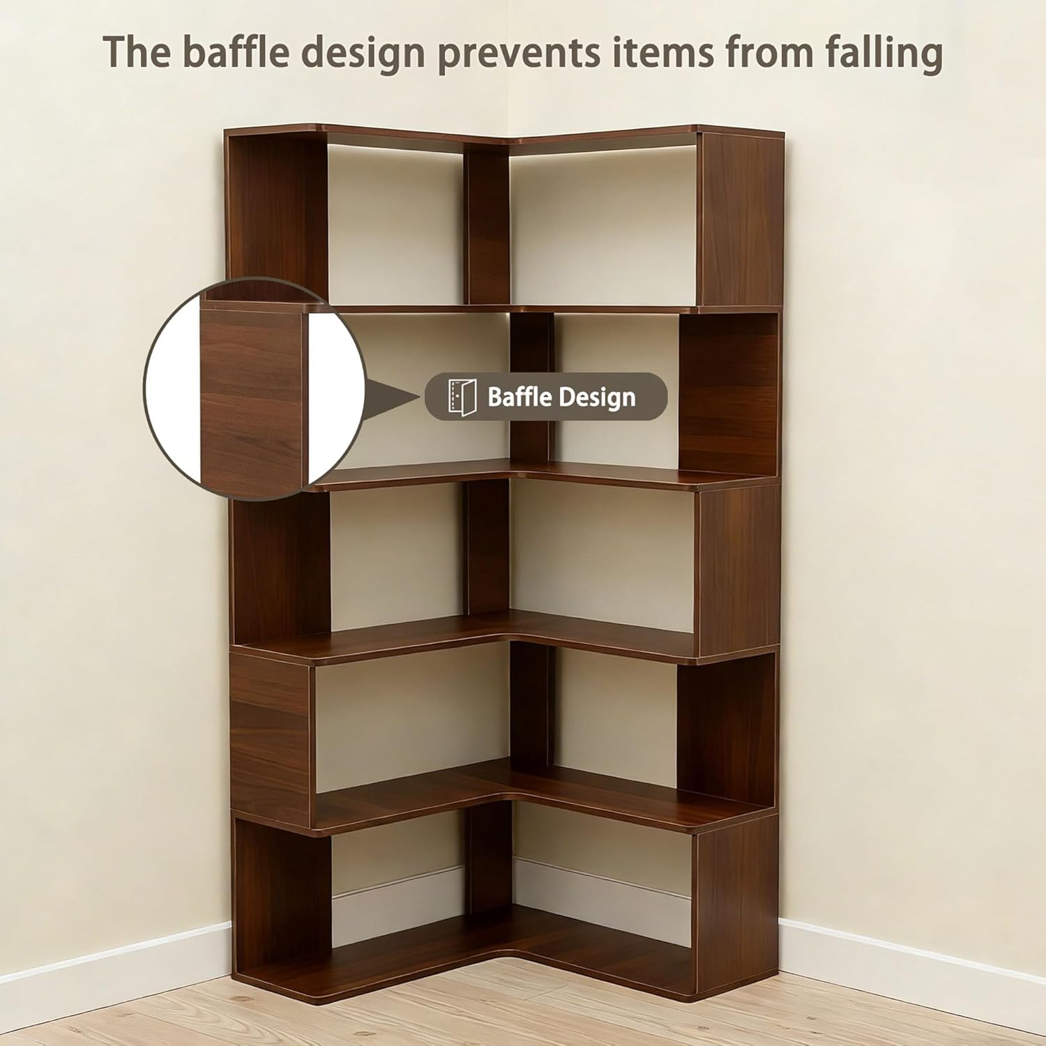 Anwick 6 Tier L Shaped Bookshelf Corner, Wooden Large Corner Bookshelves, 66" Tall Walnut Bookcase for Living Room Bedroom Home Office, Smooth Edges