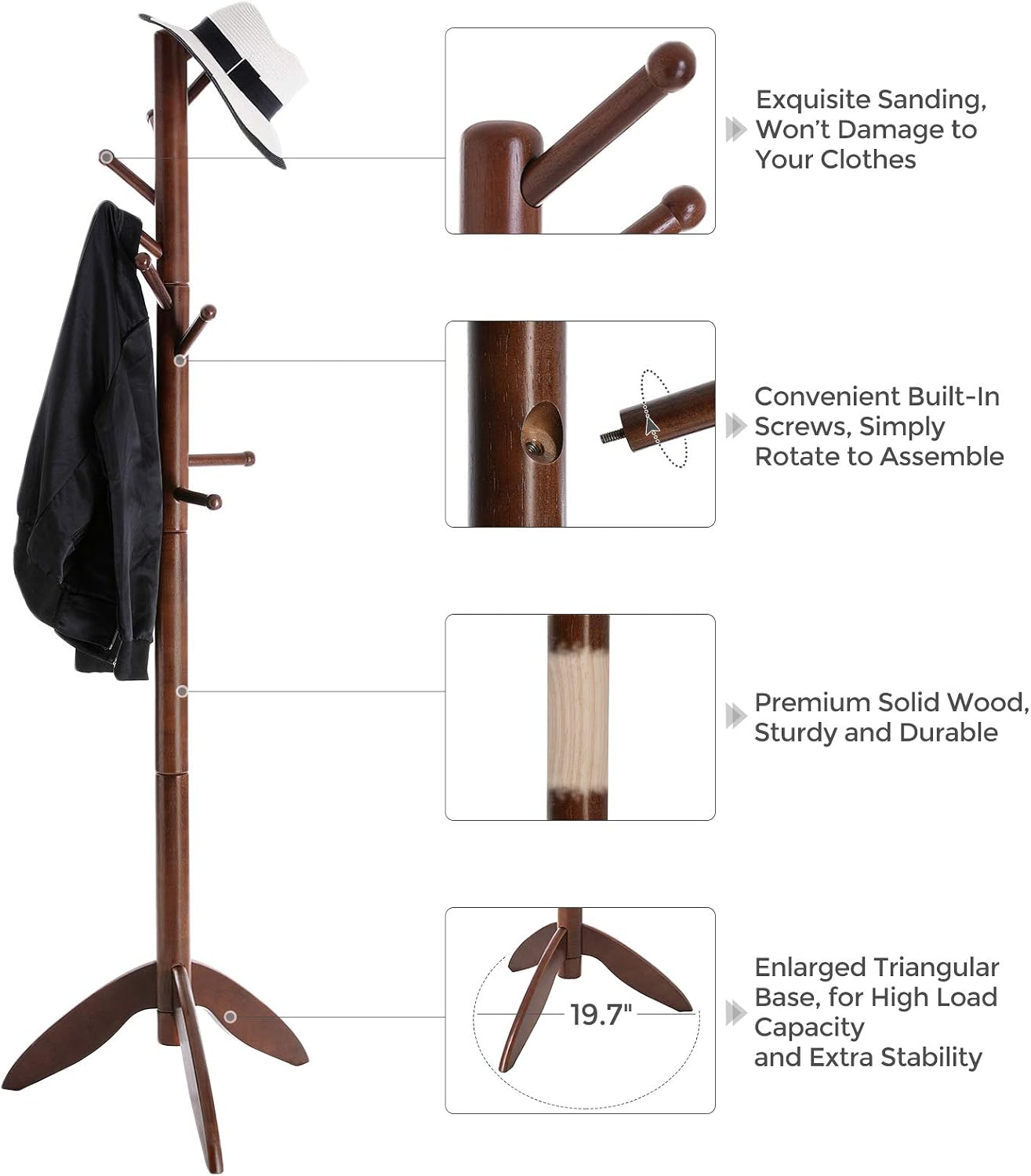 VASAGLE Coat Stand, Solid Wood Coat Rack Free Standing with 11 Hooks, Entryway Hall Tree for Clothes, Hats, Handbags, Rubberwood, Dark Walnut