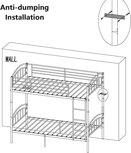 Vista 5 de Litera individual sobre individual, marco de cama de metal convertible, fácil montaje, barandilla de longitud completa, ahorro de espacio (negro)