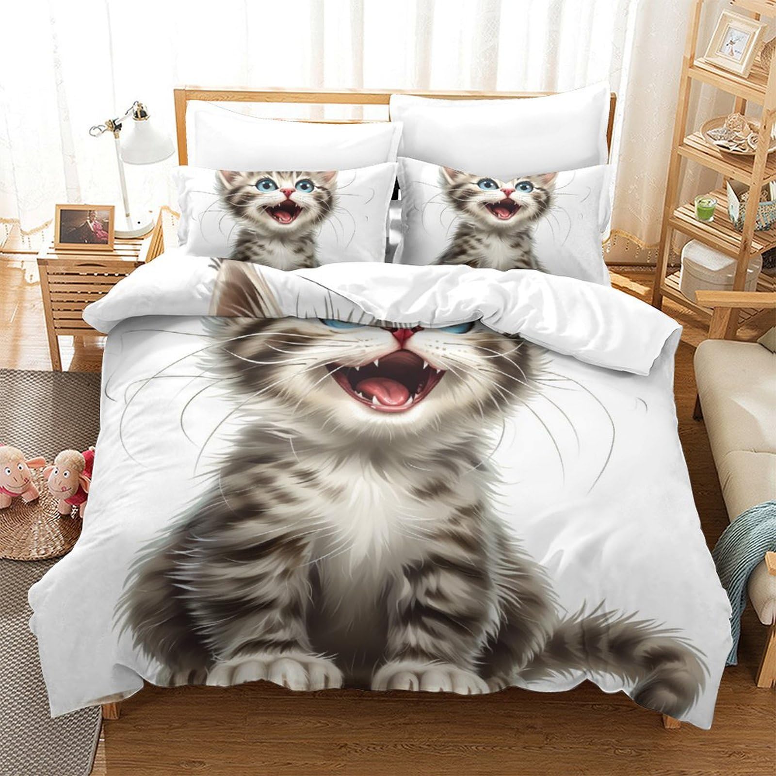 Housse de couette avec fermeture éclair chat 3D parure de lit microfibre 3 pièces 220x240