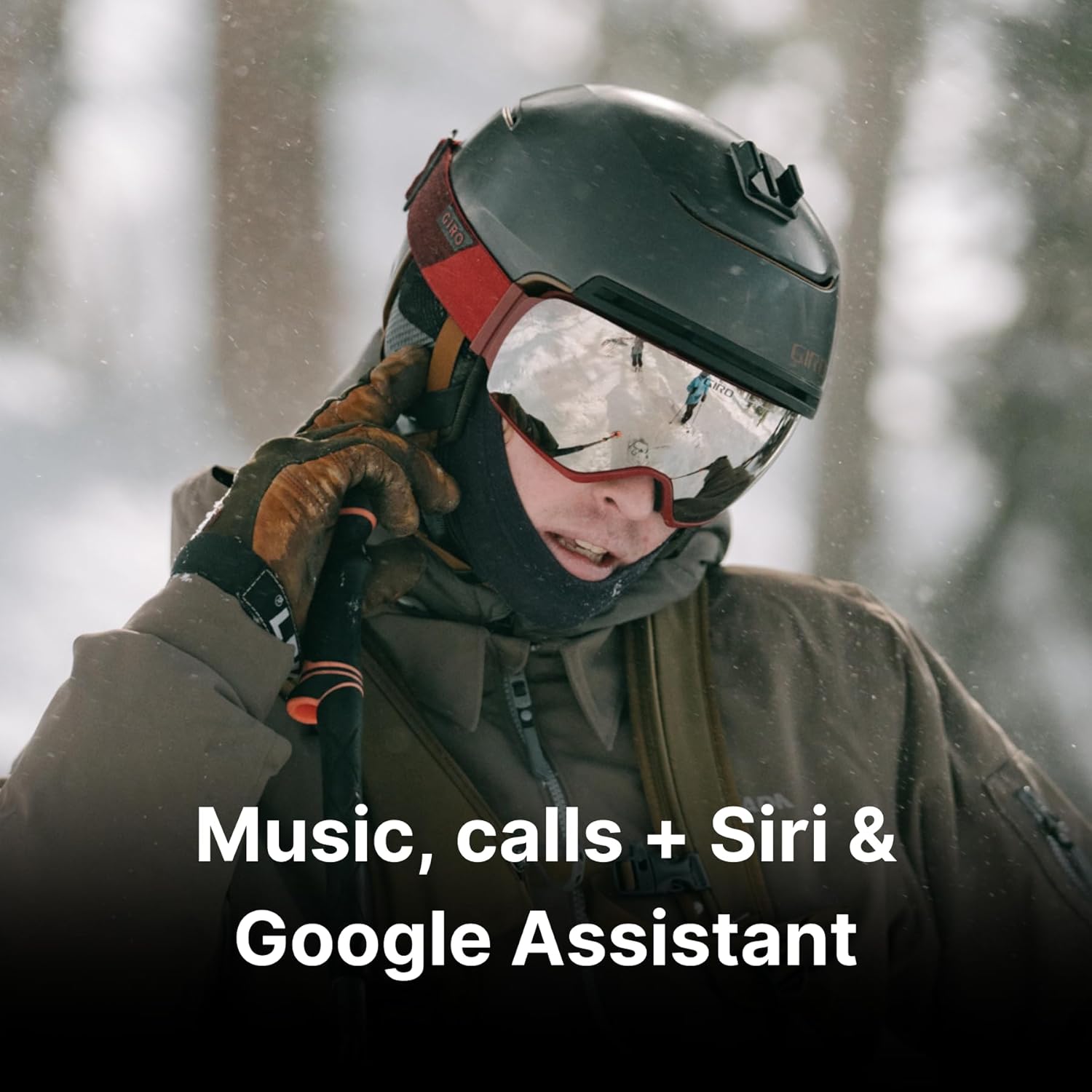 Skier using Aleck 006 speakers for music, calls, and voice assistant.