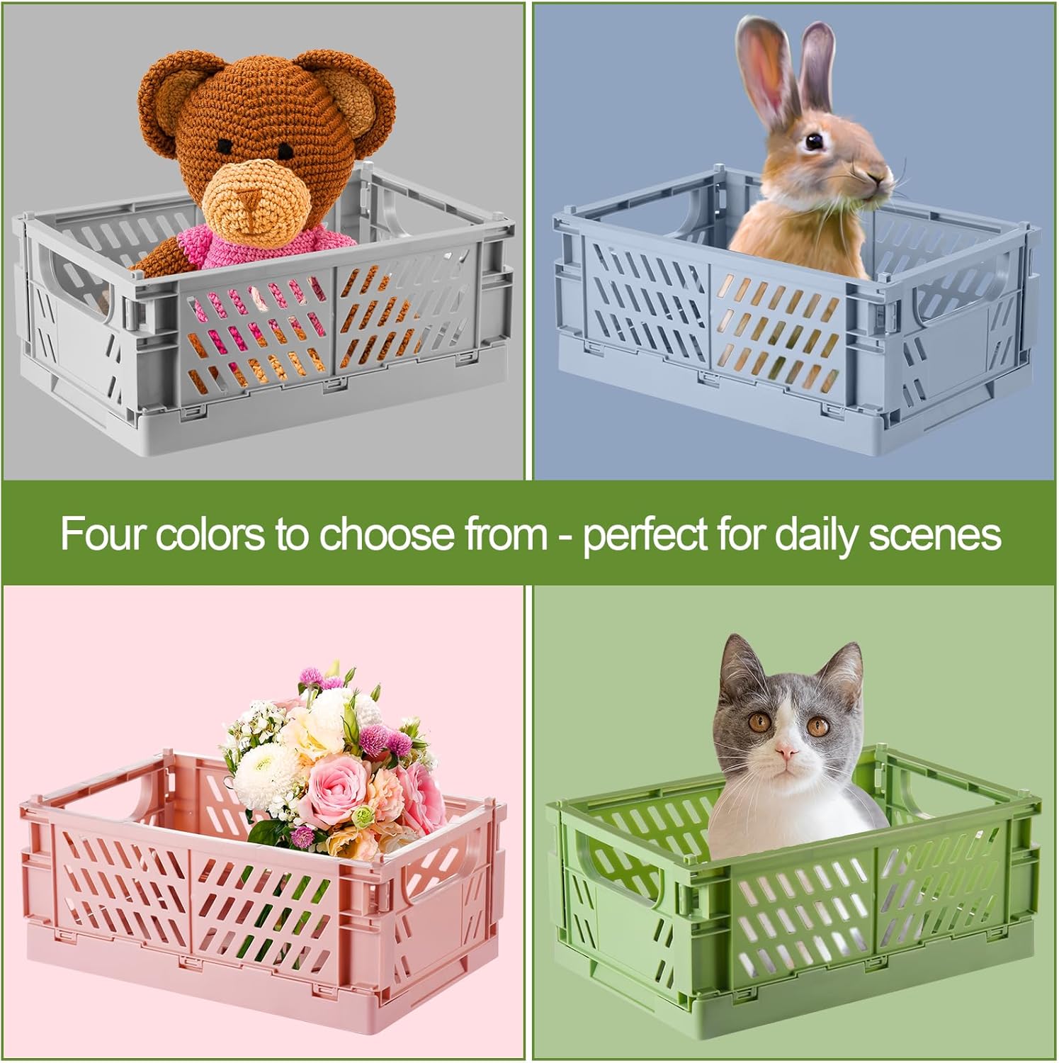 HUUSMOT 4-Pack Small Pastel Plastic Storage Baskets, Collapsible Crates for Organizing, Space-Saving Mini Bins for Classroom, Kitchen, Office, Bedroom (9.8" x 6.5" x 3.8")