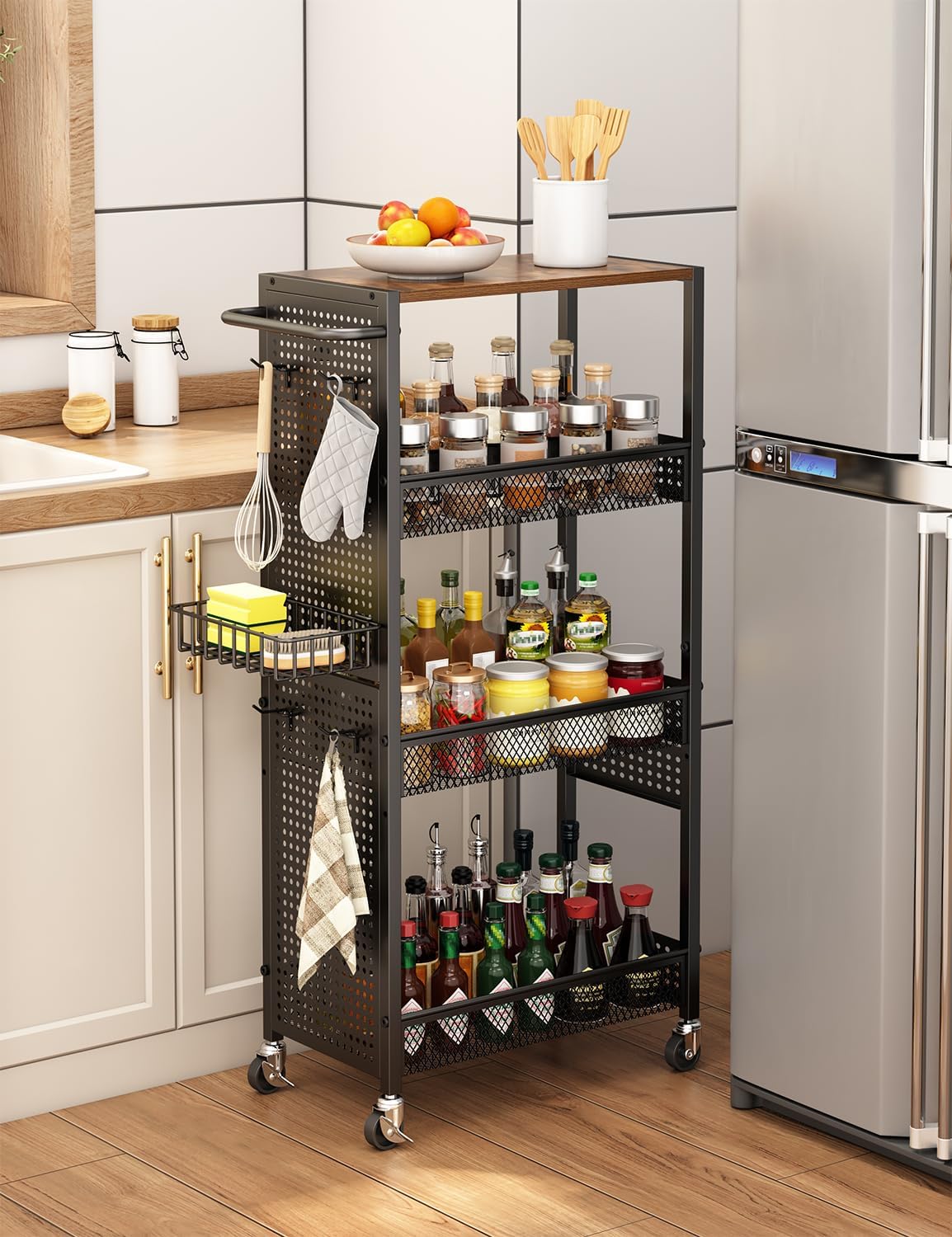 Slim Storage Rolling Cart: 4-Tier Narrow Metal & Wood Utility Cart with Wheels for Kitchen/Laundry/Bathroom(Black)