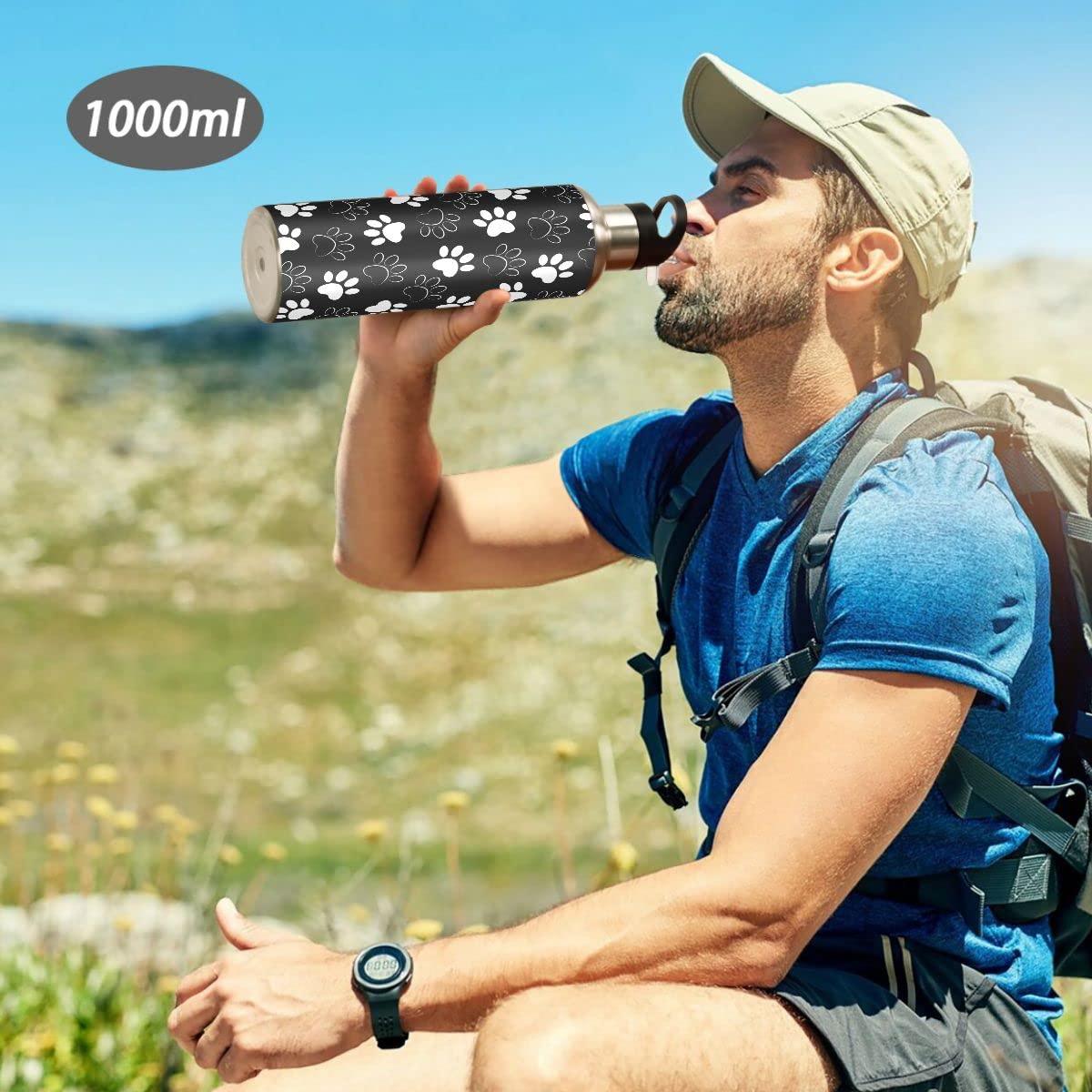 Edelstahl Wasserflasche mit Strohhalm, Pfotenabdruck isolierte Trinkflasche Sport Wasserflasche für Kinder Erwachsene, auslaufsicher, 1L