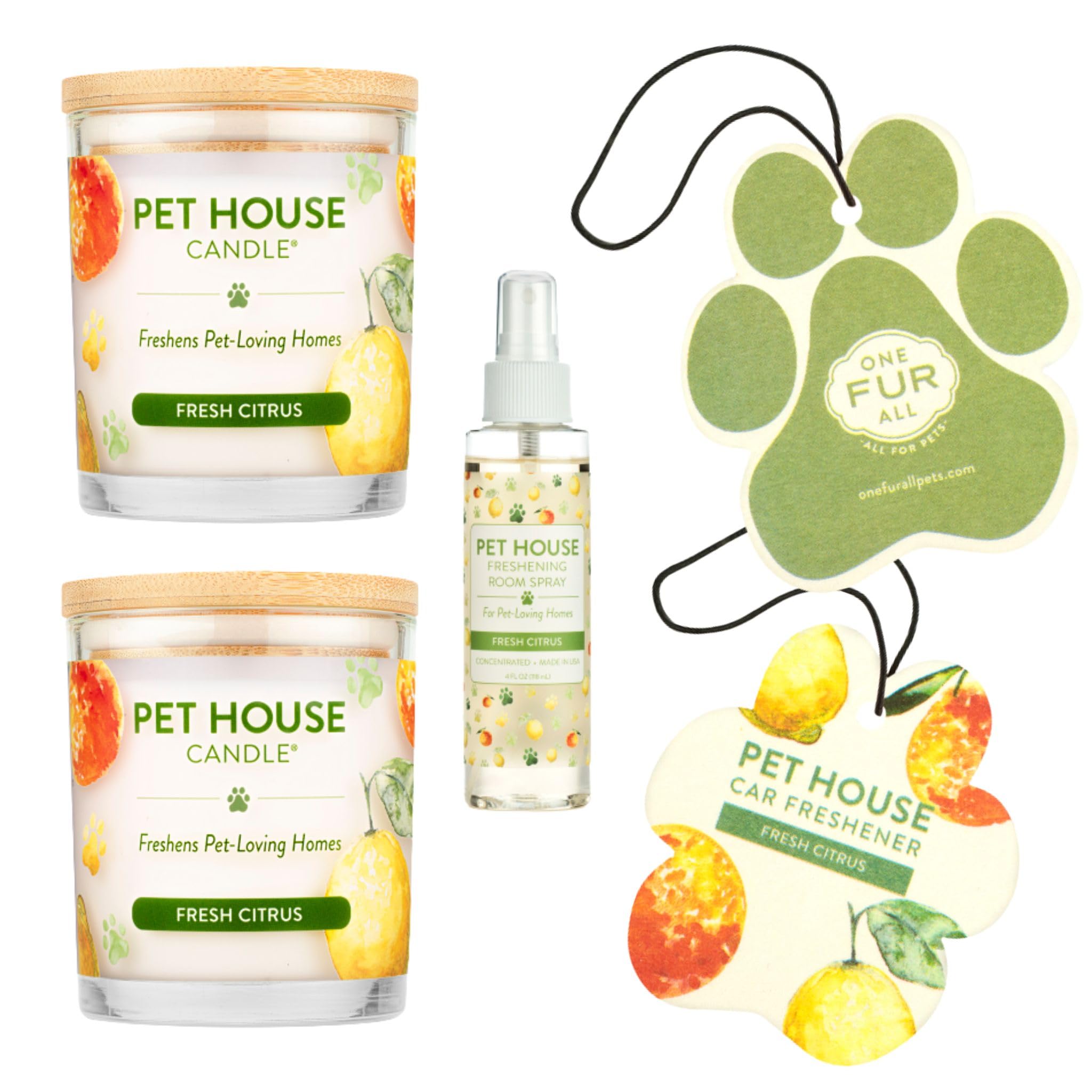 One Fur All Pet House Candle Value Pack - Plant-Based/Soy - Clean Burning Scented, Long Lasting Pet Odor Candle for Home - Fresh Citrus