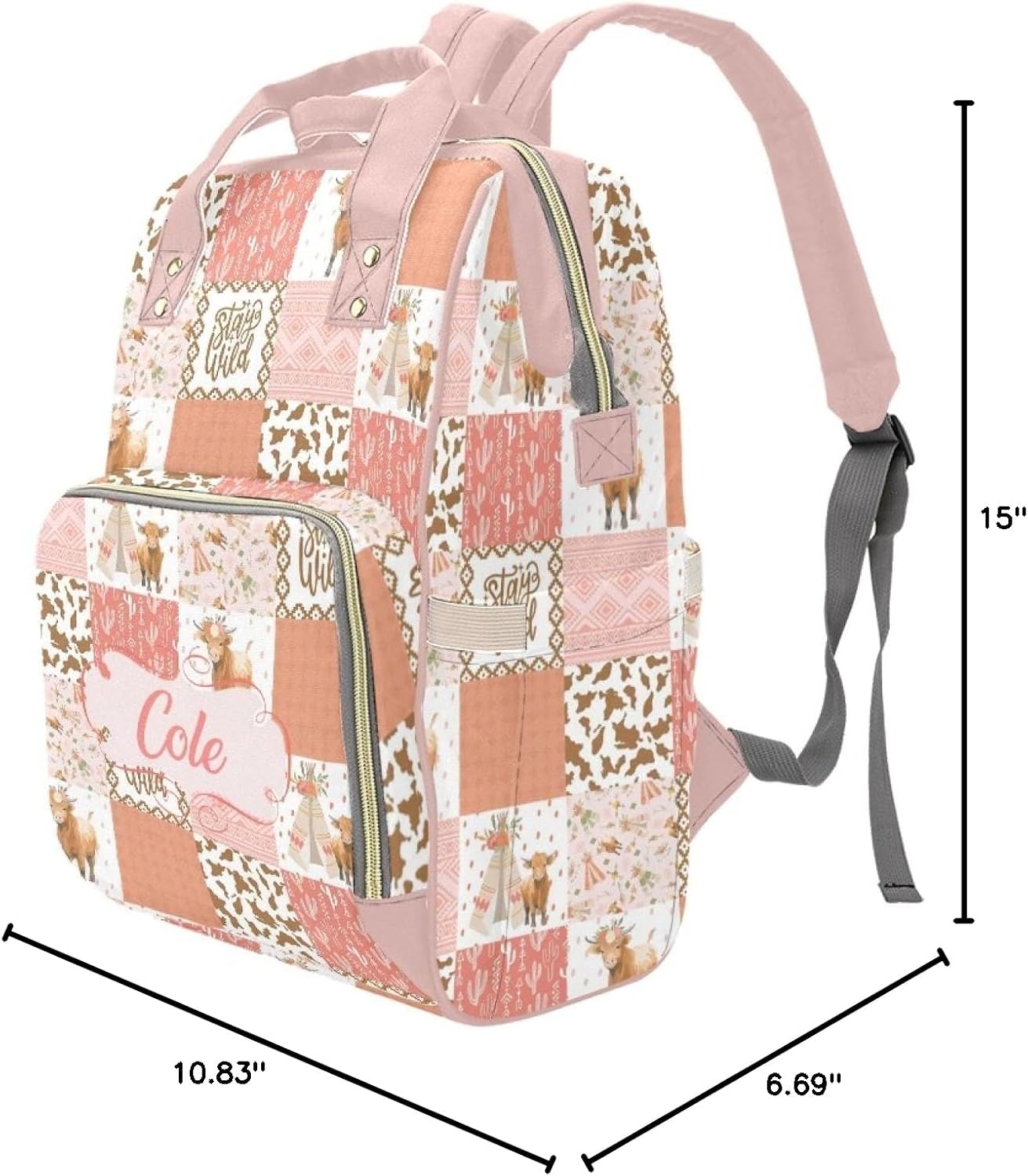 Personalized Highland Cow Pink Diaper Bag with Name – Custom Baby Bag, Nursing Tote Backpack for Mom, Custom Name Mommy Daypack, Shower Gift for Baby