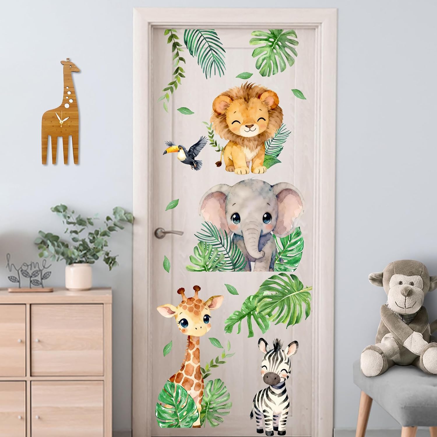 Mfault Tropical Safari Jungle Animals Wall Decals Stickers, Watercolor Lion | Elephant Giraffe Zebra Toucan Bird Nursery Decorations Bedroom Art, Monstera Palm Leaves Baby Toddler Kids Playroom Decor