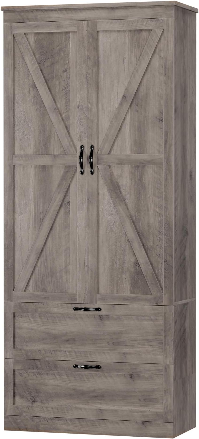 70" Tall Kitchen Pantry Storage, Barn Doors Pantry Cabinet with Drawers and Adjustable Shelf, Modern Farmhouse Storage Cabinet for Kitchen, Dining Room, Living Room, Bathroom, Ash Grey