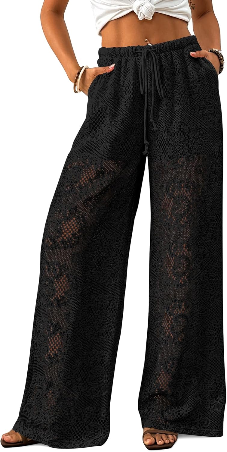 Bsubseach Women Crochet Beach Cover Up Pants Sheer Wide Leg Drawstring Summer Swimsuit Coverup Long Pants with Pockets