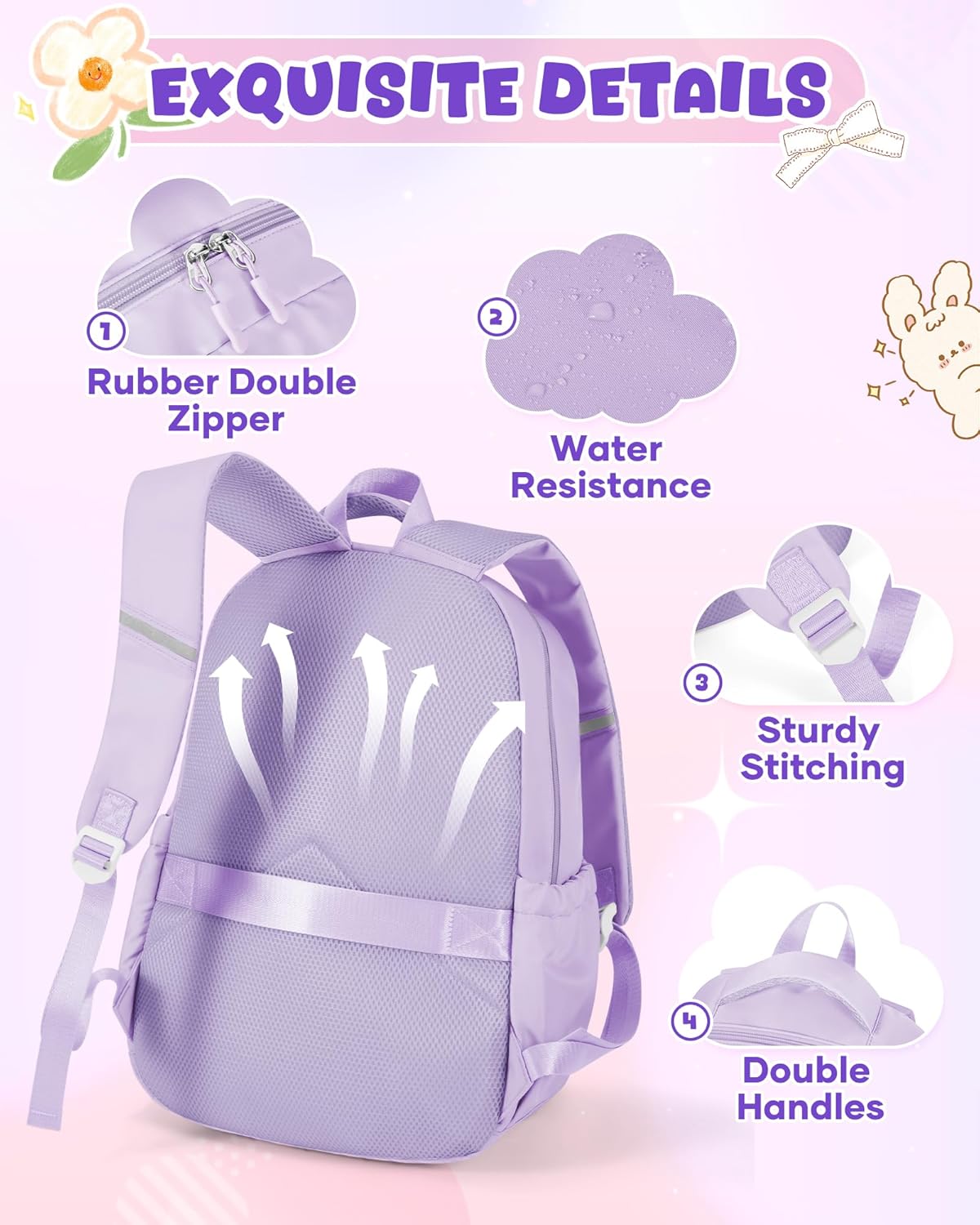 Backpack for Girls,Kids School Backpack Girls Cute Kindergarten Elementary Preschool Middle School Bags Kids Teens Aesthetic Bookbag Kawaii Backpacks Student Daypack Purple - Image 8