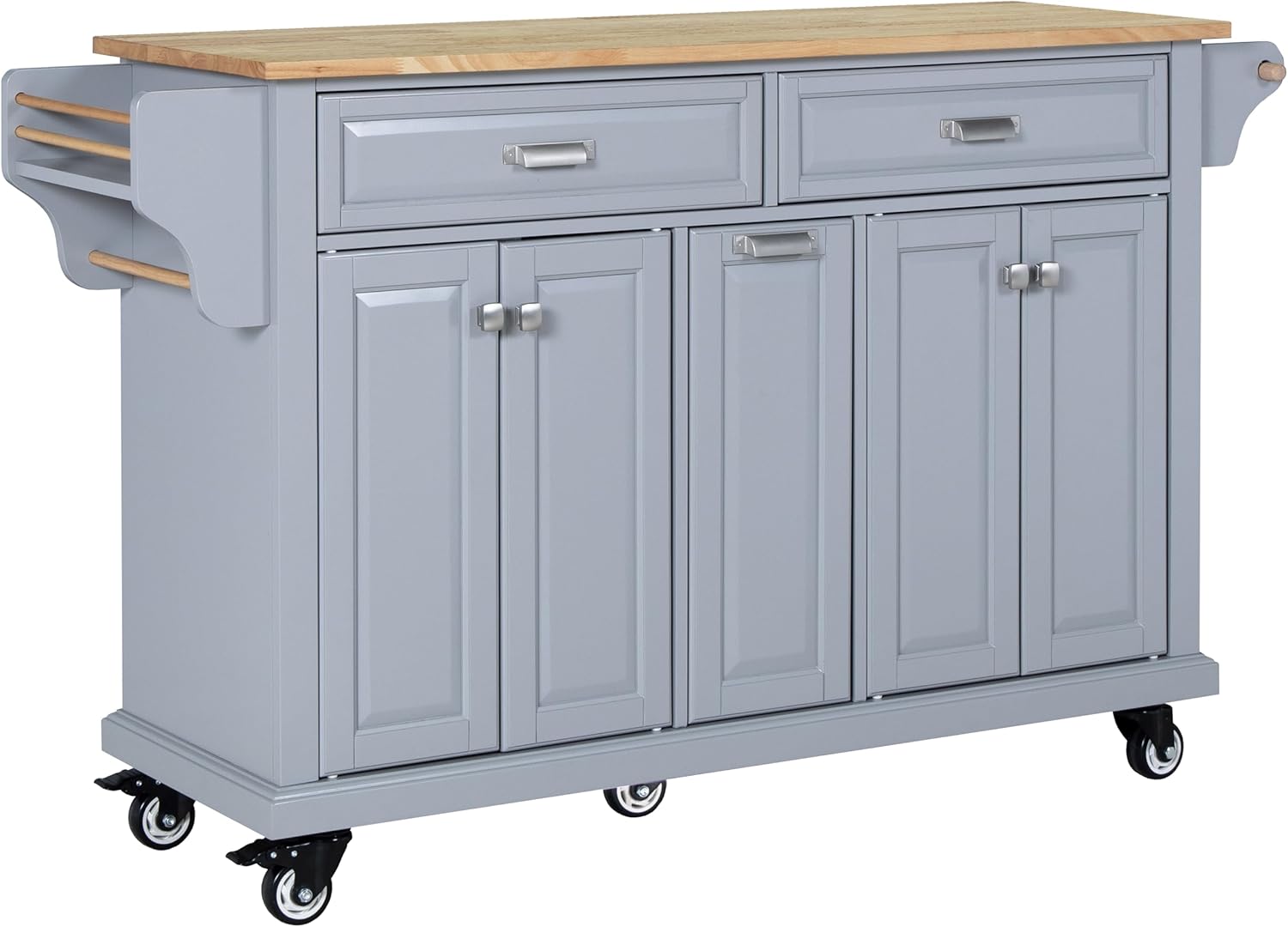 60" Rolling Kitchen Island Cart with Solid Wood Top, Storage Shelves, Drawers, and Spice Rack – Microwave Stand, Movable Coffee Bar – Gray Painted Finish