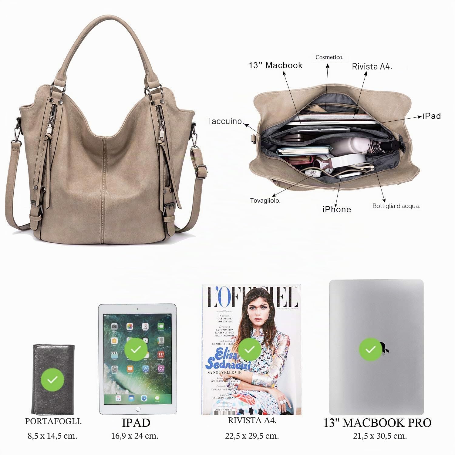 Realer Borsa Donna Set Grande Borse a Mano Ecopelle Borsa a Tracolla Hobo Tote Clutch 2 Pezzi Cachi