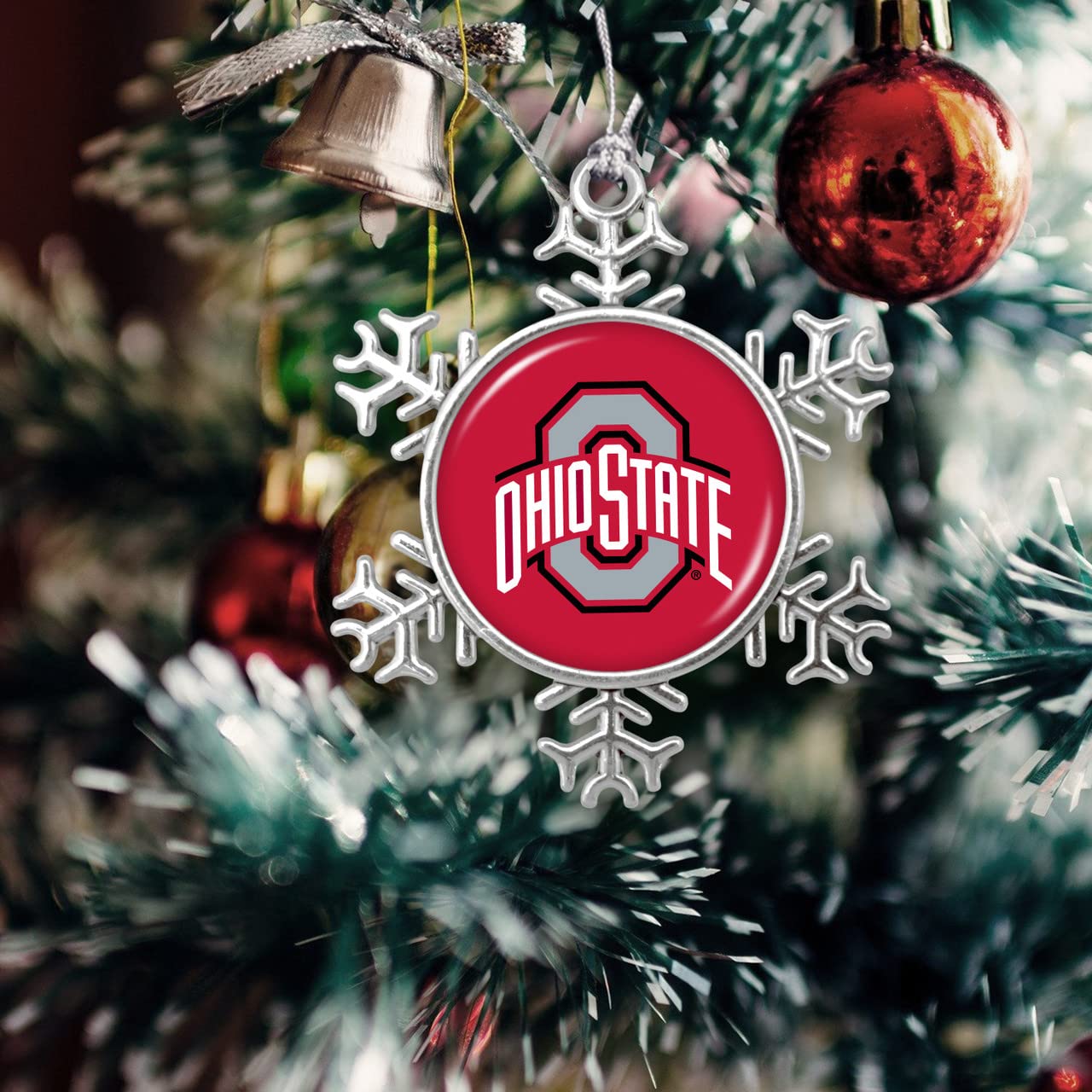 Ohio State Buckeyes Snowflake with Team Logo Silver Metal Christmas Ornament Gift Tree Decoration OSU