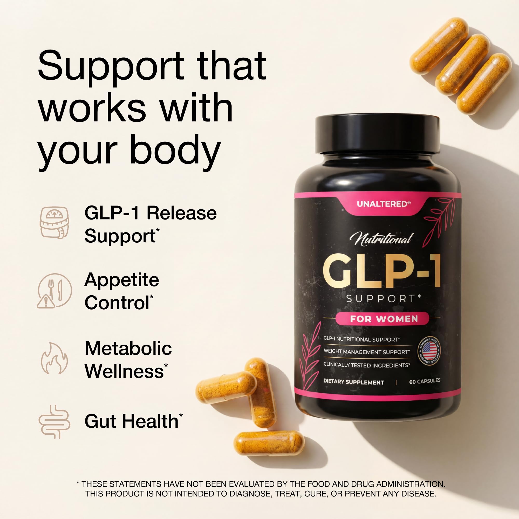 UNALTERED GLP-1 Supplement for Women - Natural Support for Cravings, Weight, & Gut Health - Clinically Tested Ingredients, Biochemist-Formulated, Vegan - Dietary Supplement - 60 Capsules — Amazon image 3