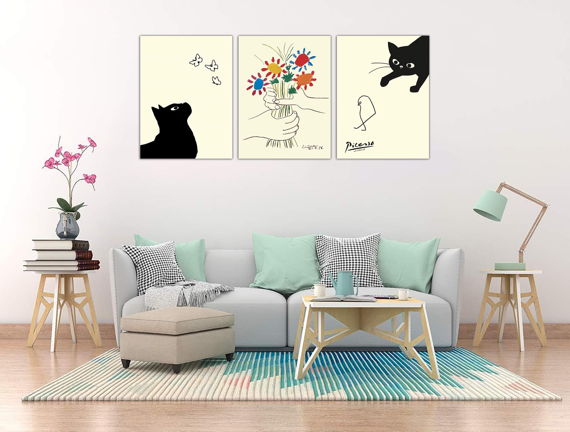 Amazon.co.jp: ピカソ猫の絵 猫と友情の花 3枚 パネル アートポスター