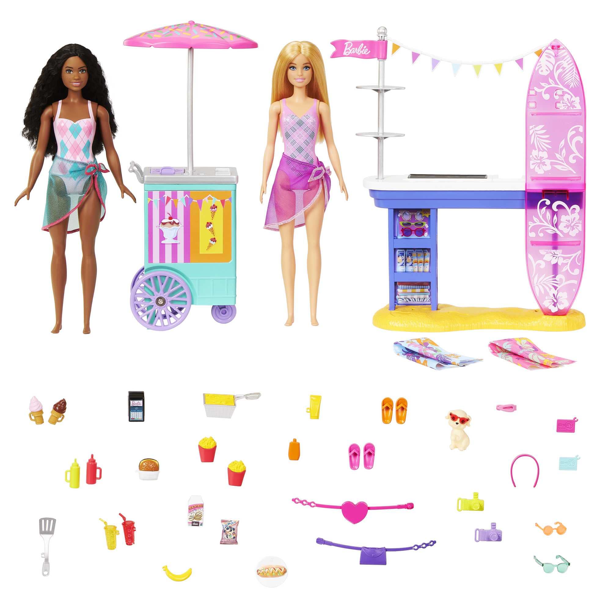 Barbie - Passerella sulla Spiaggia, playset con bambole Brooklyn e Malibu, un chiosco, un punto di ristoro, un cucciolo e 30+ accessori inclusi, giocattolo per bambini, 3+ anni, HNK99