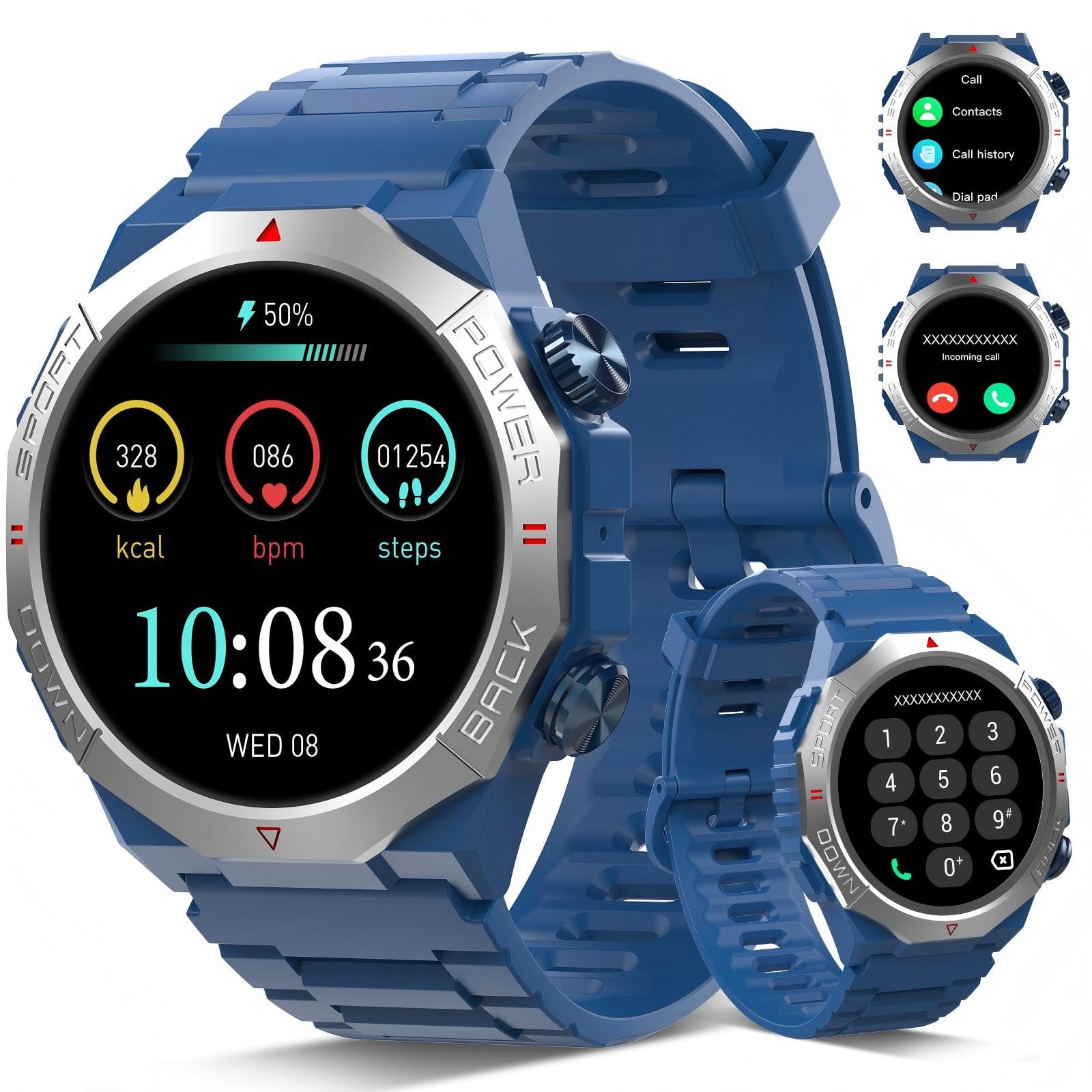 Qecnato Smartwatch Uomo Militare, 1.39" HD Orologio Smart watch con Chiamate Bluetooth, Tracker Attività con Sonno/Cardiofrequenzimetro, 110+ Modalità Sportive, IP68 Impermeabile per Android iOS, Blu