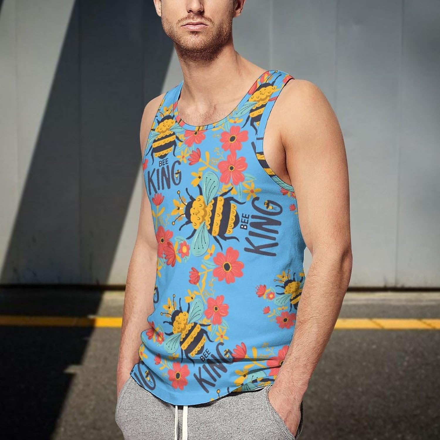 Bee King Cute Men's Tank Top Sleeveless Muscle Shirts Vest Beach T Shirts for Workout Gym
