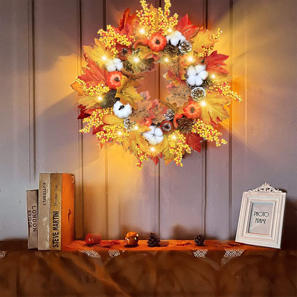 Guirnalda de simulación de otoño con luz LED 50 cm Hoja de arce Calabaza Guirnalda de bayas Guirnalda de puerta artificial de mimbre Colgante de pared Decoración de otoño para Halloween Acción de grac