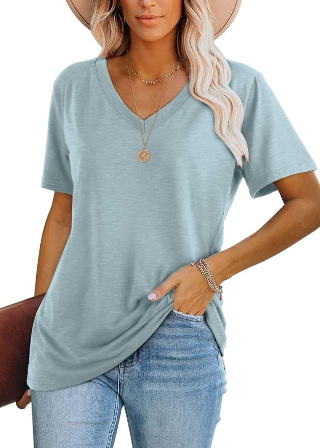 WIHOLL Womens Tops Casual Short Sleeve V Neck T Shirts 100% Polyester, The Fabric is Smooth and Soft and Stretchy, Standard V Neck T Shirt