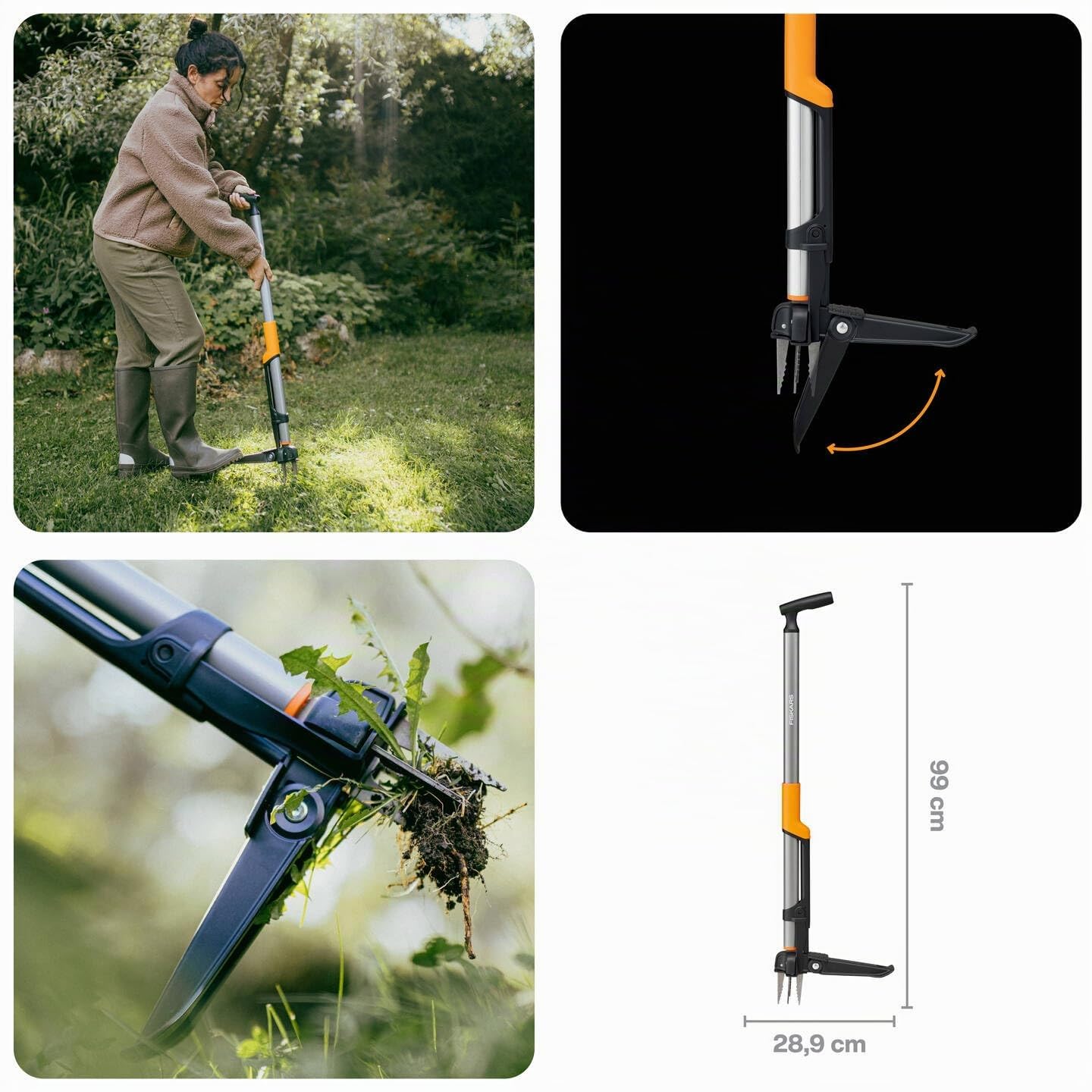 Fiskars Ergonomic Desbrozadora Malas Hierbas, Mango Largo | Empuñadura ergonómica offset, sistema de expulsión, plataforma plegable, negro/naranja, 1082708