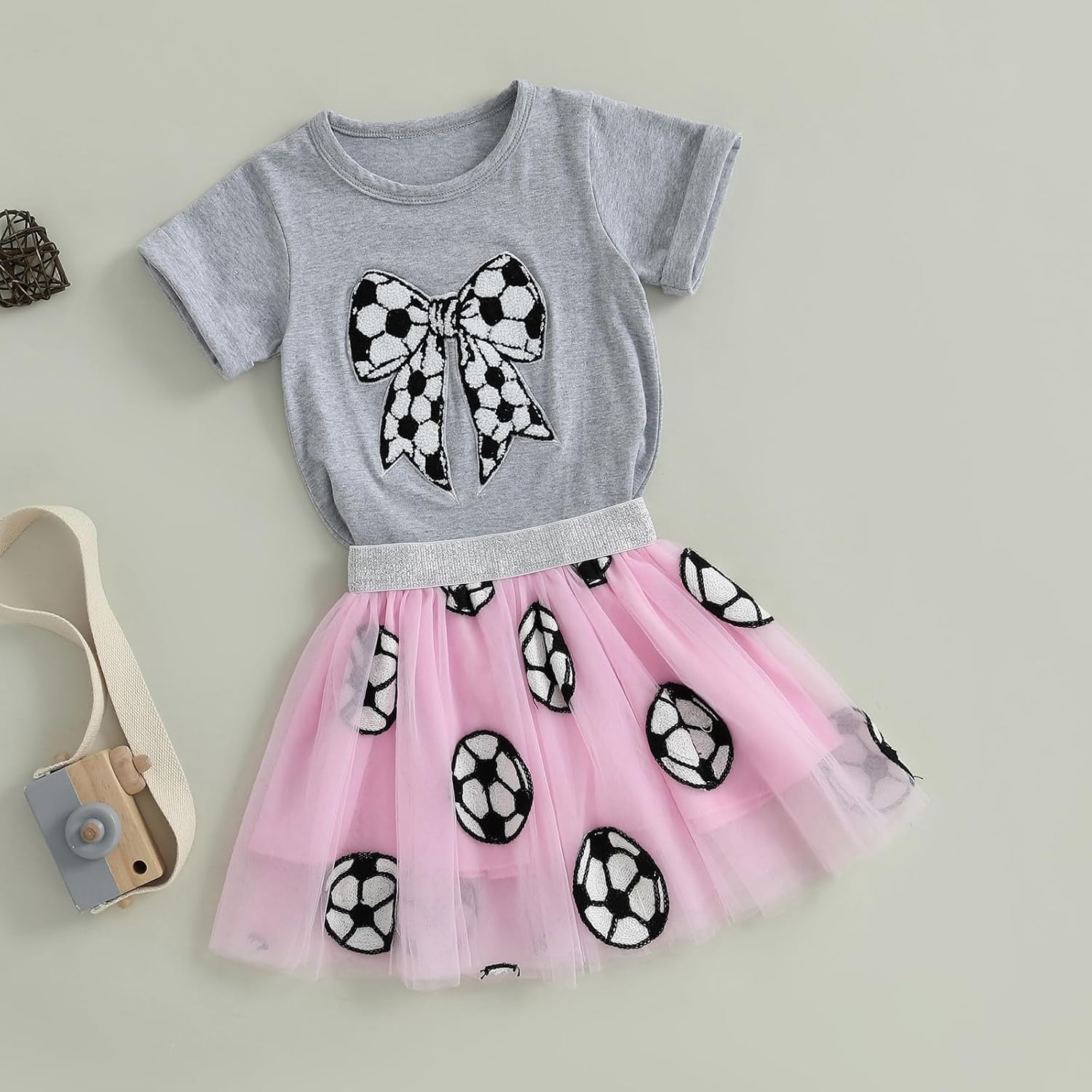 Kayotuas Toddler Girl Summer Clothes Baseball Outfit Fuzzy Baseball/Football Bow Embroidery T-shirt Tulle Skirt 2 Piece Sets - Image 4