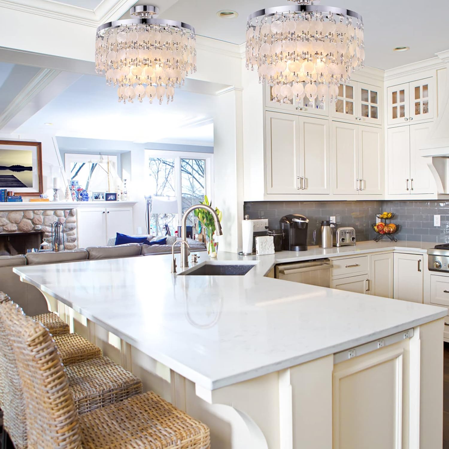 TOCHIC Modern Capiz Shell Chandelier, Boho Coastal Beach Chandelier for Bedroom, Small Semi Flush Mount Ceiling Pendant Light Fixture for Dining Living Room, Kids Room,16”W,Chrome