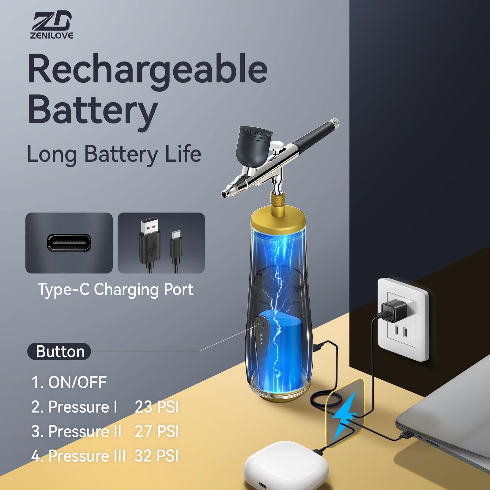 Cordless Airbrush Kit with Compressor,5200mAh Large Battery Capacity Portable Airbrush Painting Set,32 PSI High Pressure Dual Action Handheld Airbrush Gun Set for Painting,Make up,Nail Art,Model Color