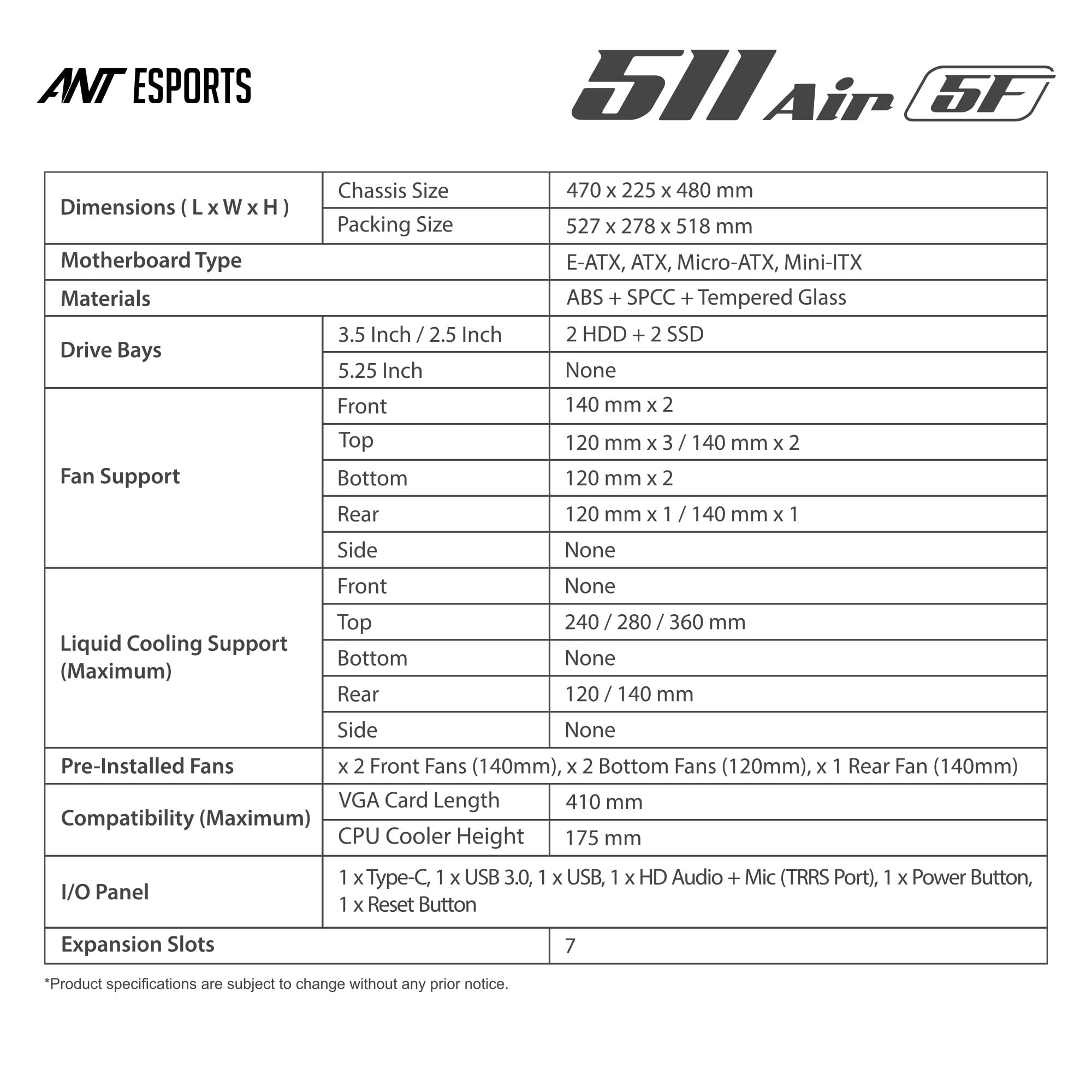 Ant Esports 511 AIR 5F Gaming Case - Black with ARGB Fans -13