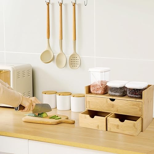 Miniatura 2 de Organizador de escritorio de bambú con 3 cajones con estante, organizador de encimera con cajones, cajón de almacenamiento de maquillaje, 3 cajones,