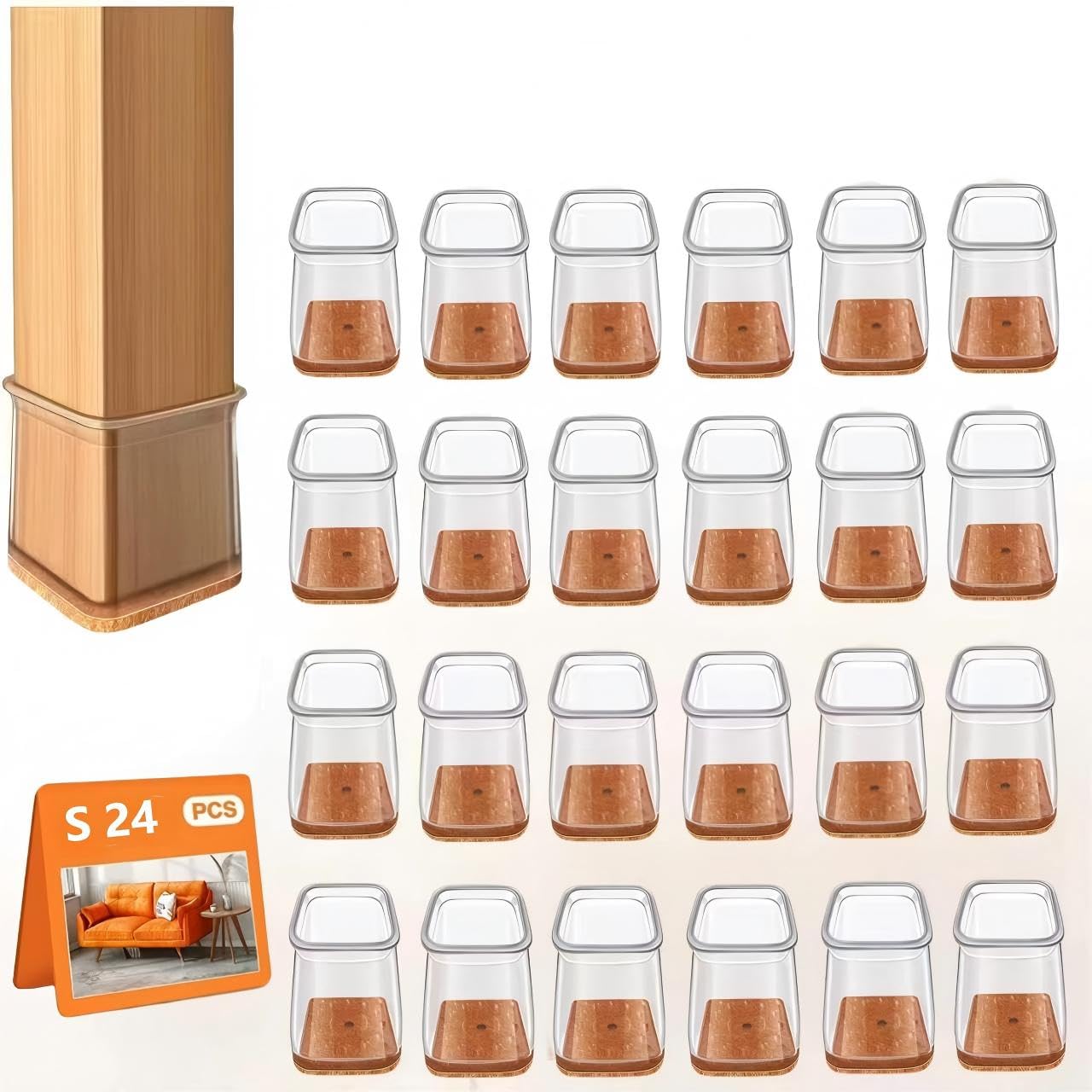 Beler Square Chair Leg Caps, Pack Of 24, Clear Silicone Chair Leg Protectors With Felt, Protective Caps For Chair Legs, Transparent Small Felt Gliders For Wooden Floors, Laminate And Tile Floors (, S, Fit
