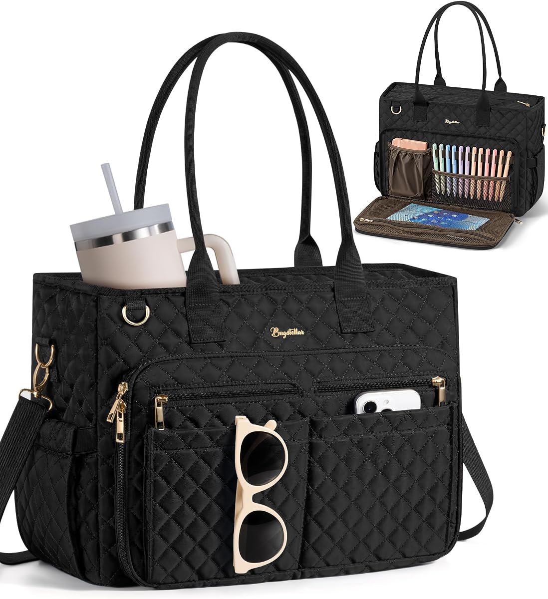 Bagstellar Teacher Tote Bag for Women, 15.6" Laptop Work Tote Computer Bag | Quilted Bible Nurse Bag with 40oz Cup Holder, Insulated Pocket & Strap, Large Laptop Briefcase for School Travel Office Gifts